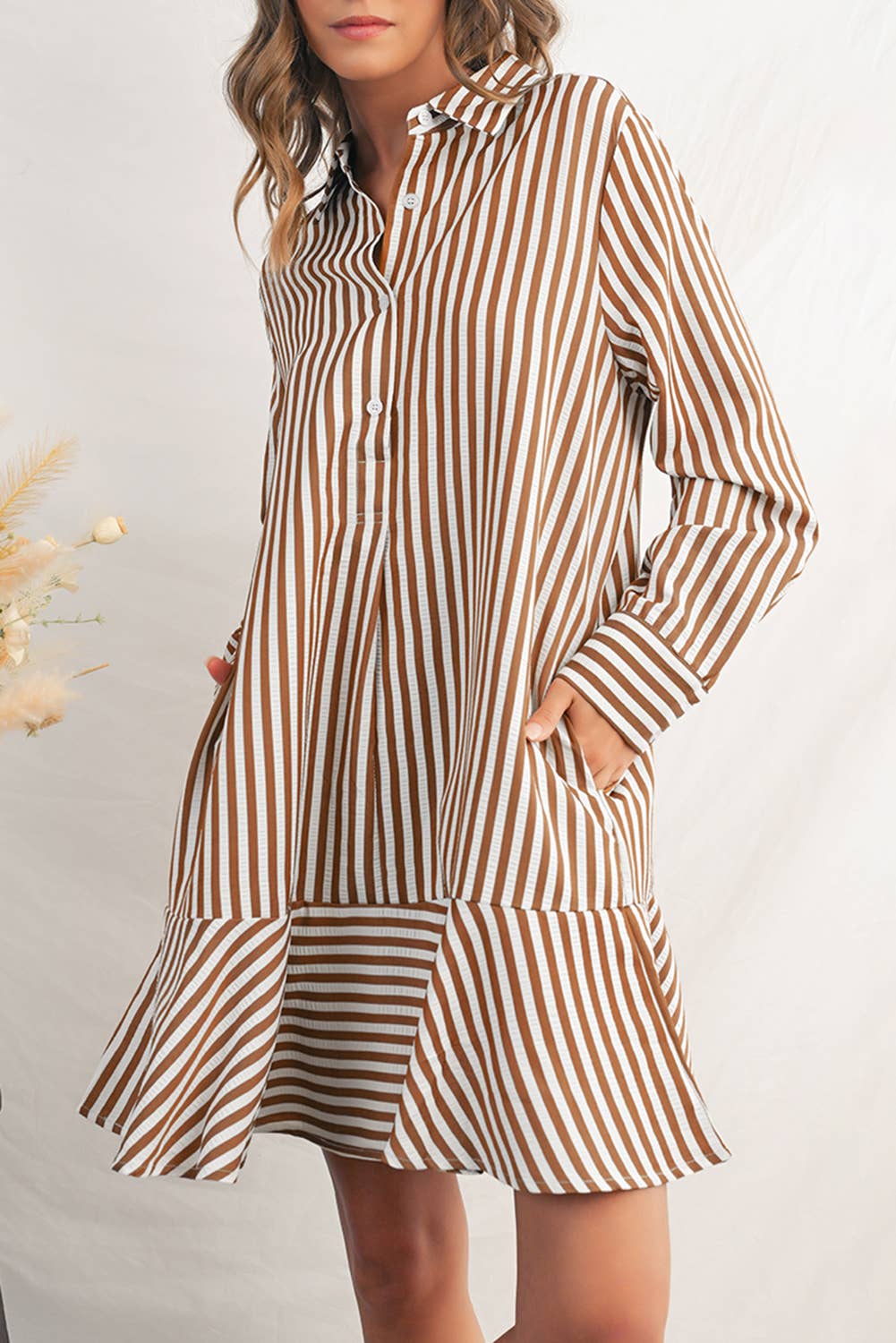 Stripe Ruffled Collared Long Sleeve Shirt Mini Dress | S-L