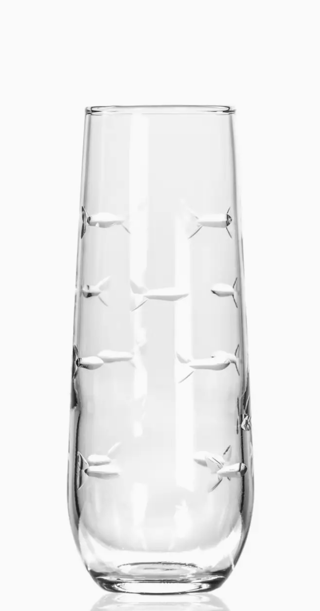 Clear stemless champagne flute with engraved school of fish