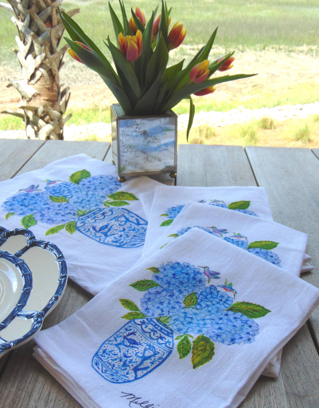 Limited Edition Hydrangea Hummingbird White Flour Sack Towel