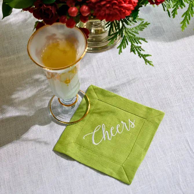 Cheers Embroidered Linen Cocktail Napkins | Set of 4