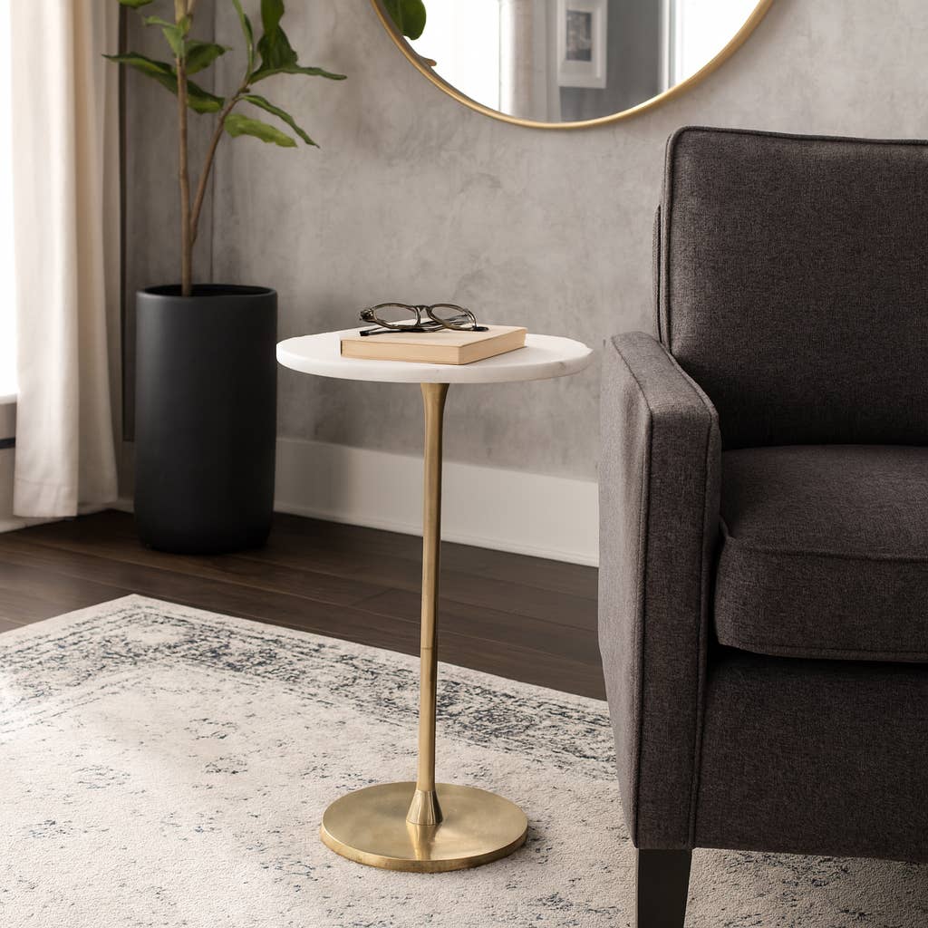 End Table - Gold/White Marble Top Metal Round Base, 24 in.