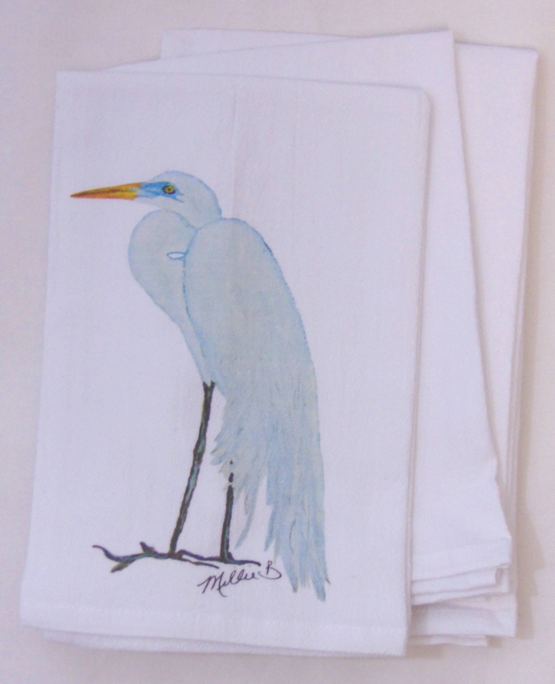 Limited Edition Egret on White Flour Sack Towel