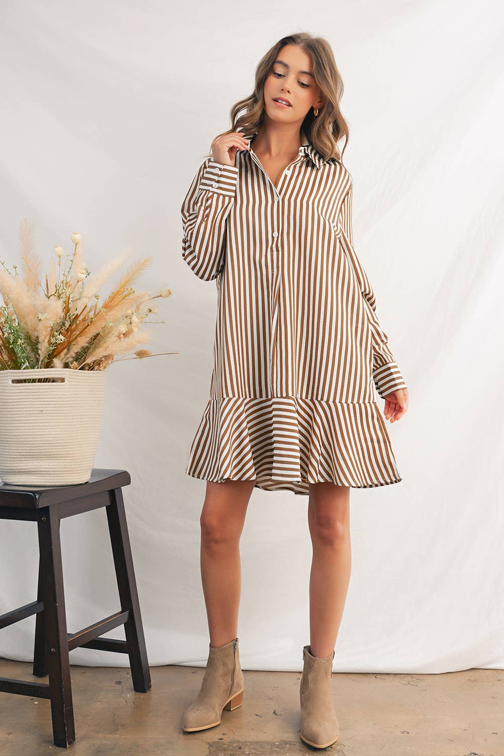 Stripe Ruffled Collared Long Sleeve Shirt Mini Dress | S-L