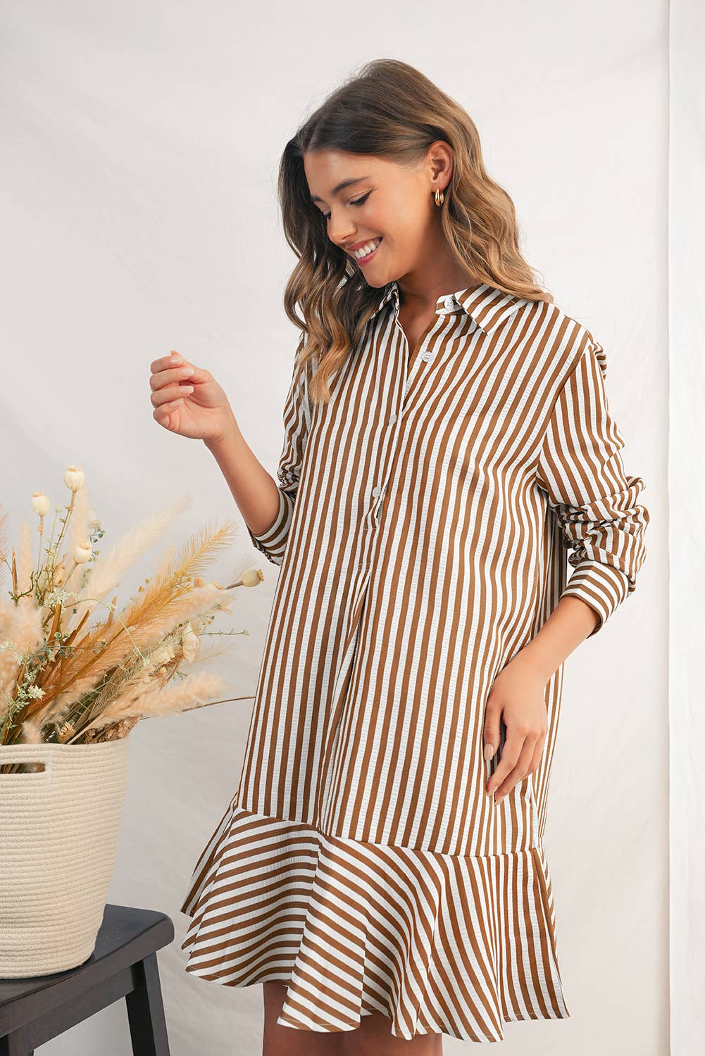 Stripe Ruffled Collared Long Sleeve Shirt Mini Dress | S-L