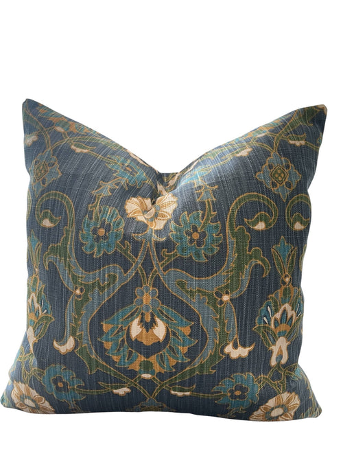 Blanche Floral Throw Pillow with Feather Insert - 20x20 Blue & Gold Decorative Cushion