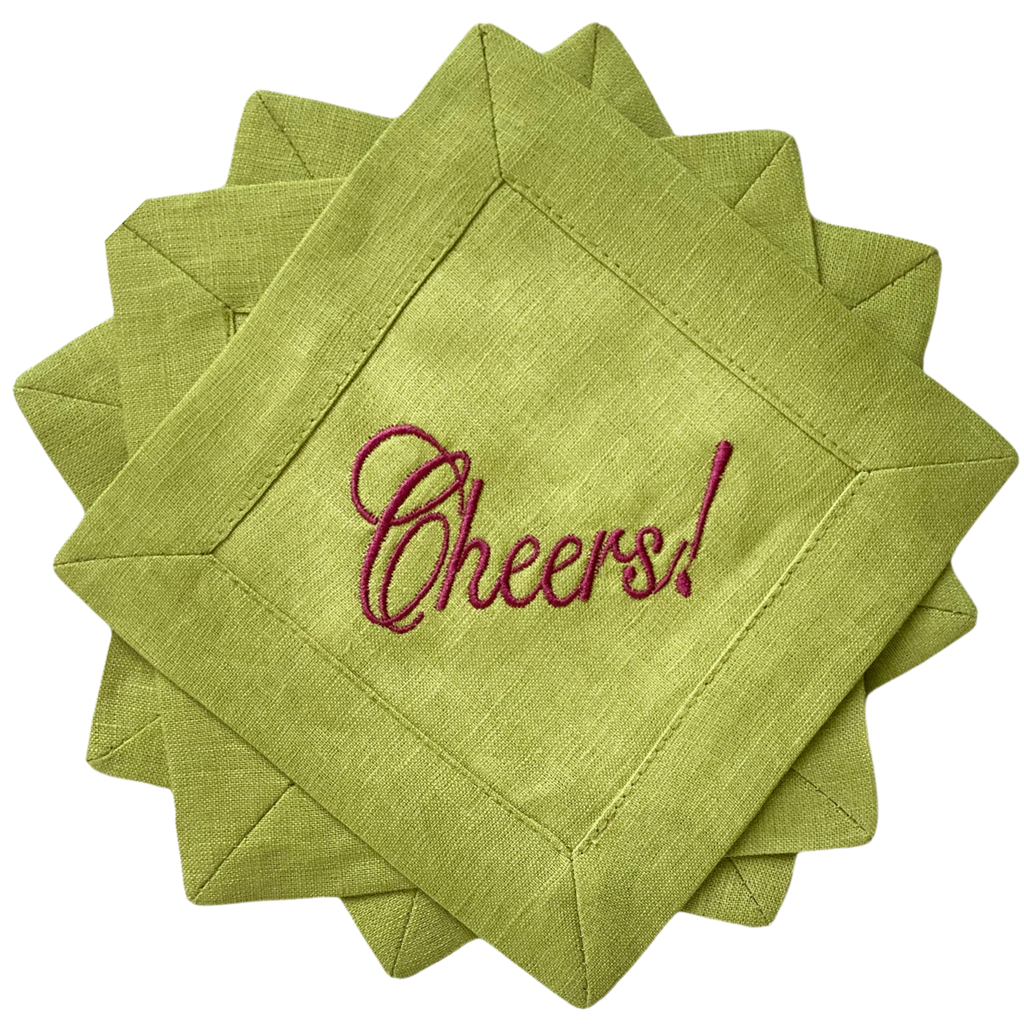 Cheers Embroidered Linen Cocktail Napkins | Set of 4
