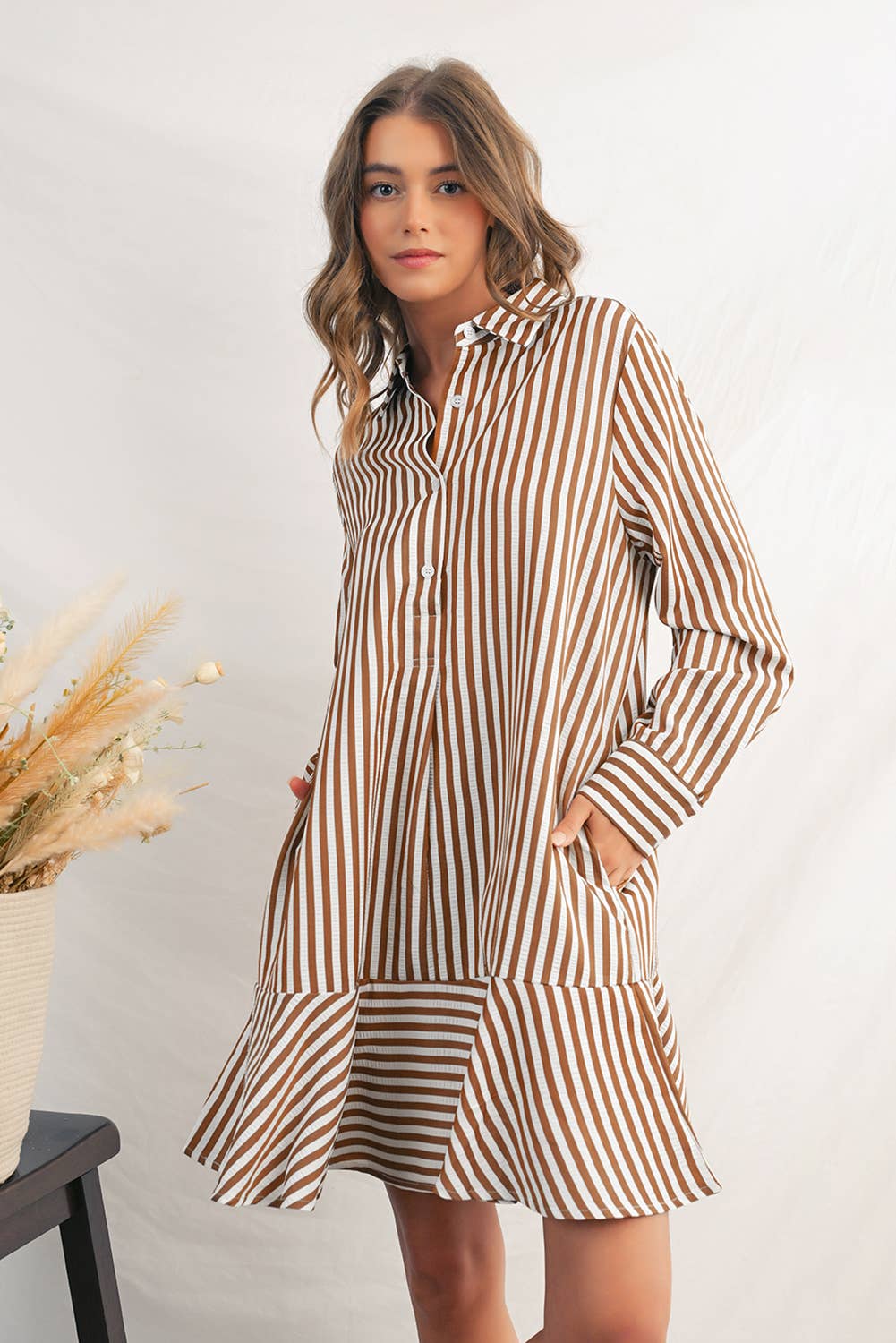 Stripe Ruffled Collared Long Sleeve Shirt Mini Dress | S-L