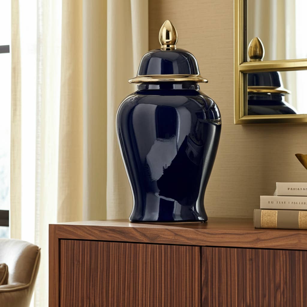 Ceramic Classic Decorative Temple Jar - Navy/Gold, 18 in.