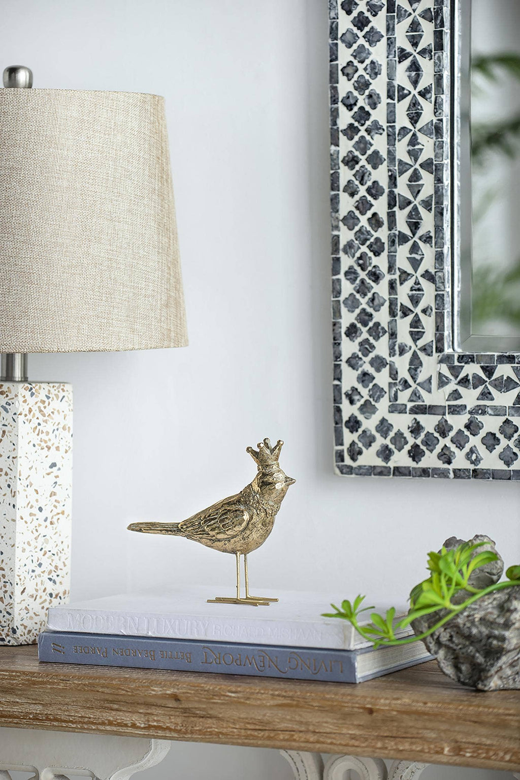 6x2x7" Set of 2 Polyresin Bird Accents w/ Crown - Gold