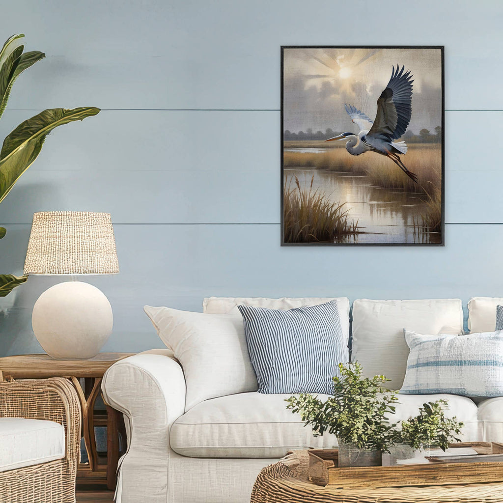 Heron Flight over Wetlands - Framed Wall Art