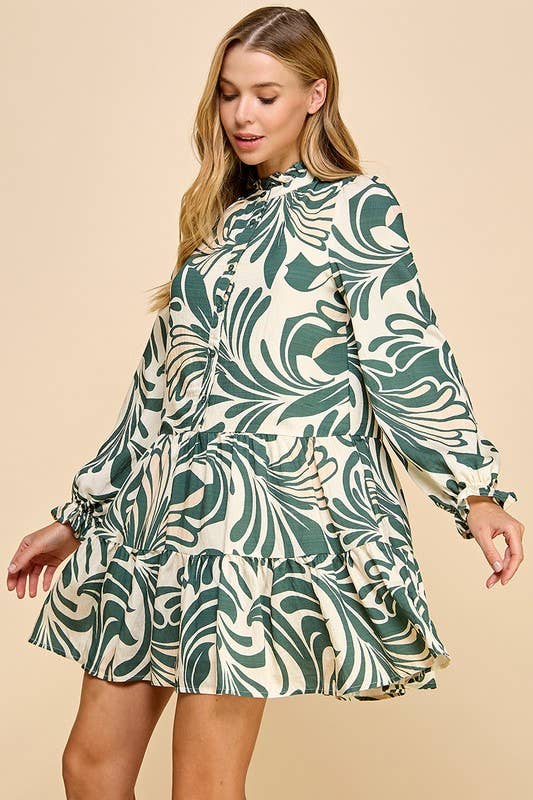 Olive Printed Long Sleeve Dress