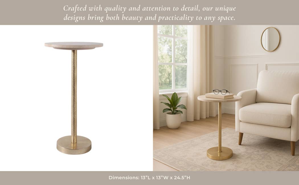 Drink Table - Ivory Marble Top Gold Metal Base, 25 in.