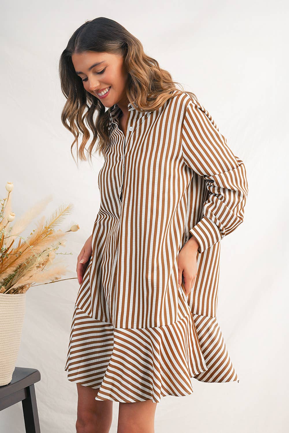 Stripe Ruffled Collared Long Sleeve Shirt Mini Dress | S-L