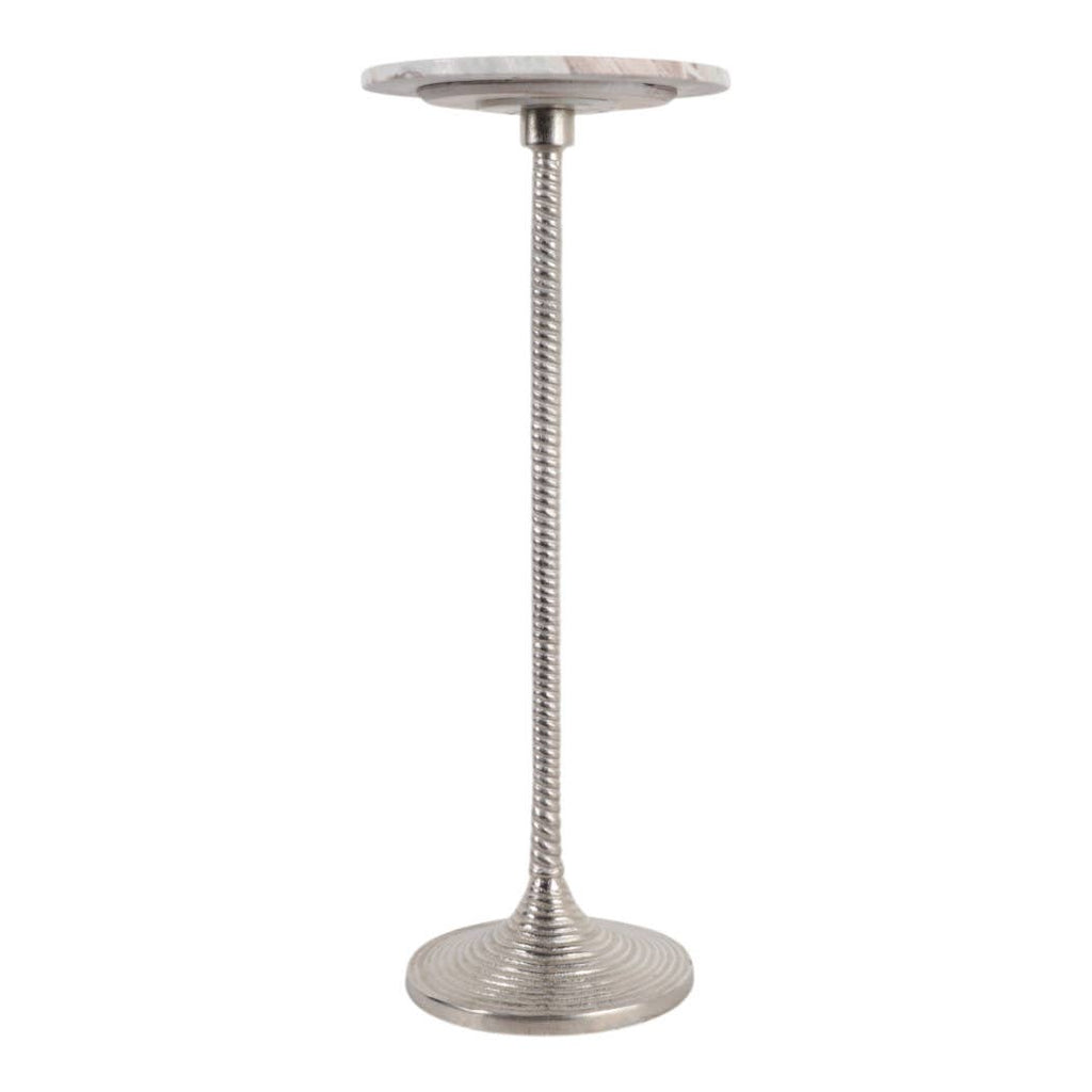 Drink Table - Brown Marble Top Pedestal Metal Base, 26 in.