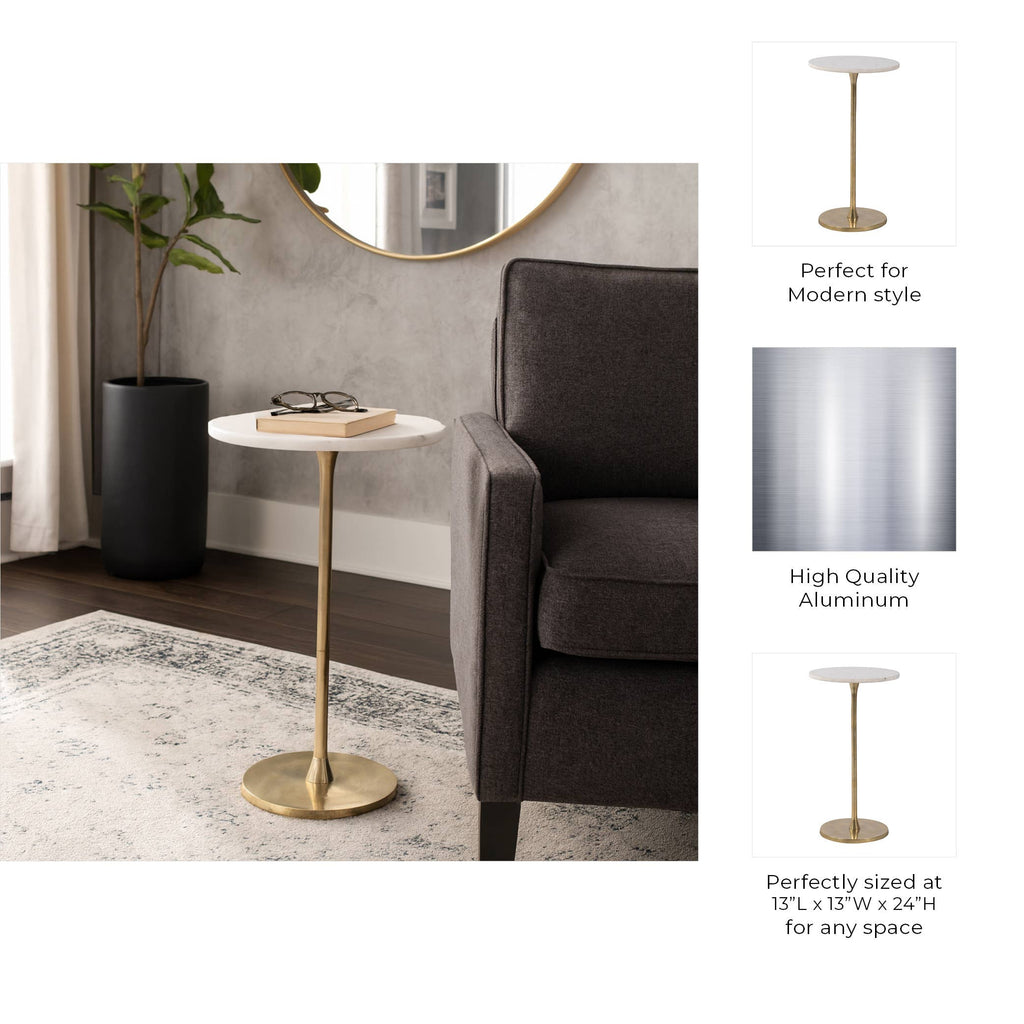 End Table - Gold/White Marble Top Metal Round Base, 24 in.