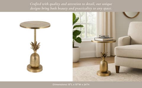 Gold 15x24 in. Metal Round Top Pineapple Side Table