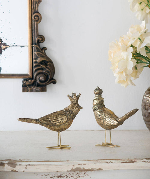 6x2x7" Set of 2 Polyresin Bird Accents w/ Crown - Gold