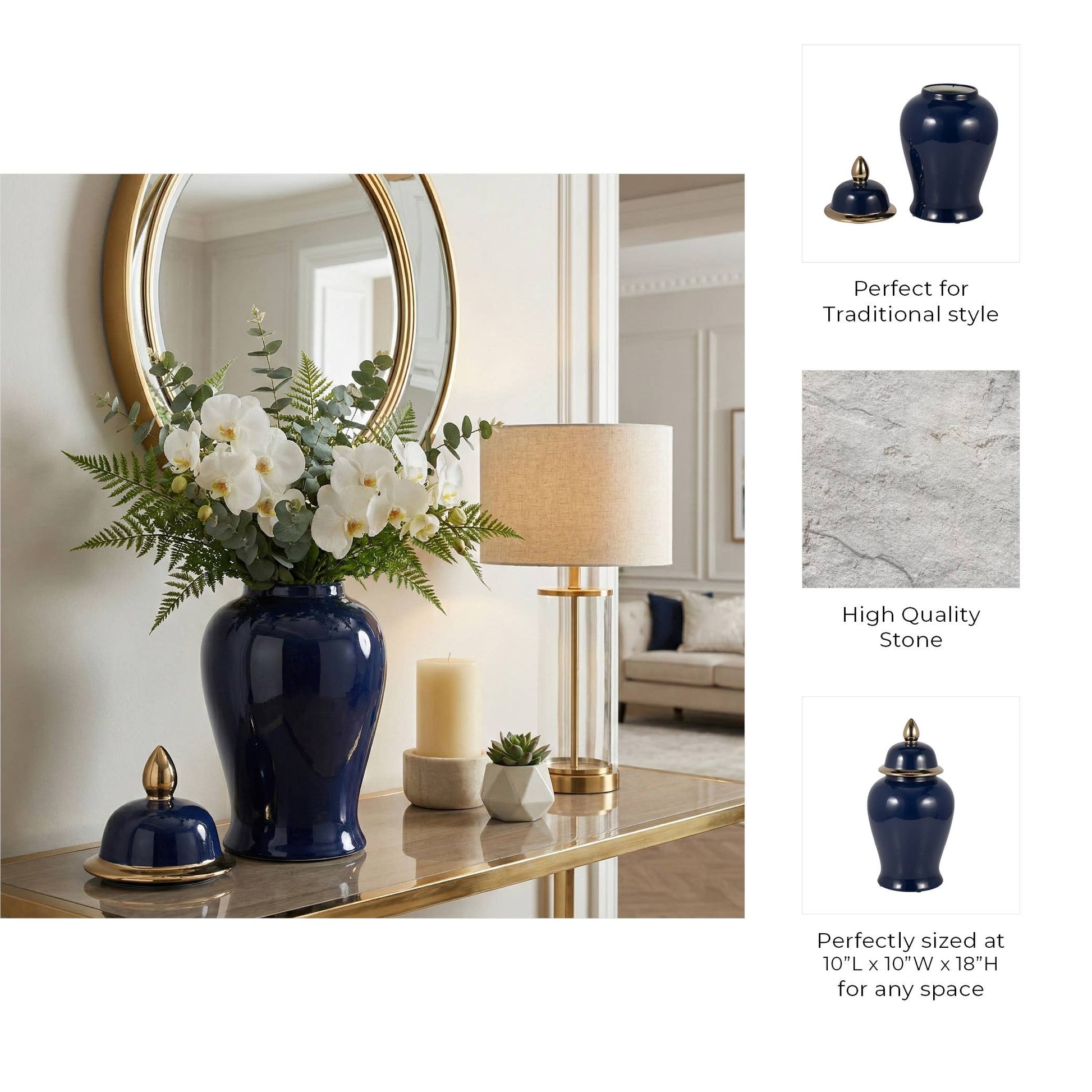 Ceramic Classic Decorative Temple Jar - Navy/Gold, 18 in.