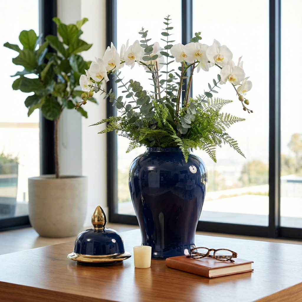 Ceramic Classic Decorative Temple Jar - Navy/Gold, 18 in.