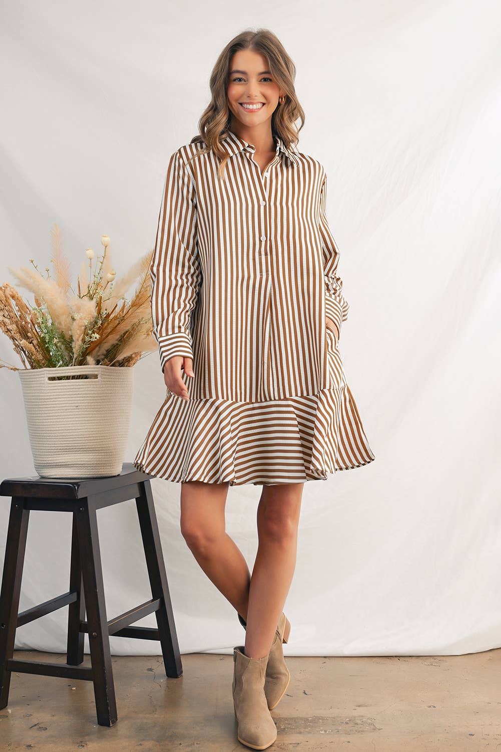 Stripe Ruffled Collared Long Sleeve Shirt Mini Dress | S-L