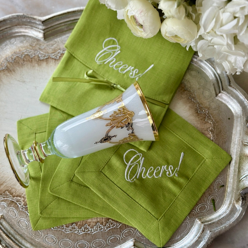 Cheers Embroidered Linen Cocktail Napkins | Set of 4