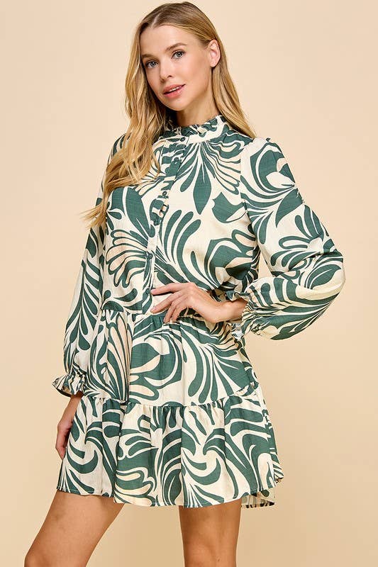 Olive Printed Long Sleeve Dress