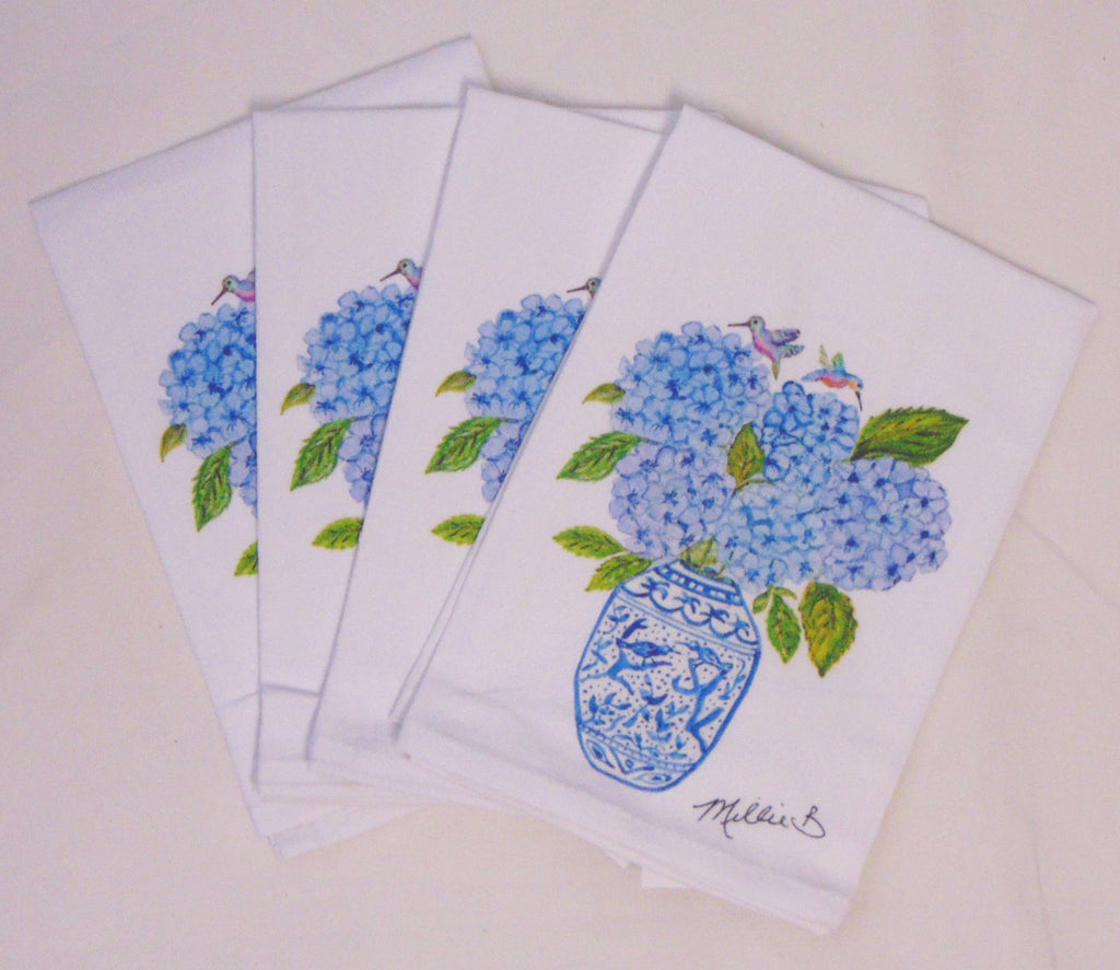 Limited Edition Hydrangea Hummingbird White Flour Sack Towel