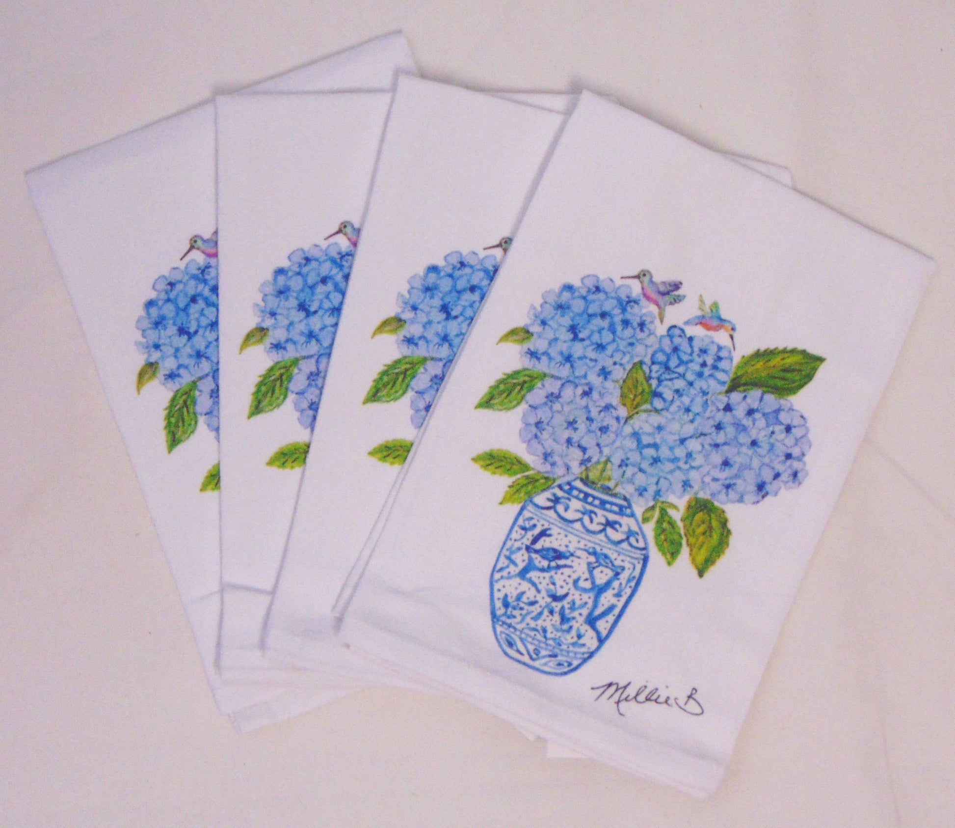 Limited Edition Hydrangea Hummingbird White Flour Sack Towel