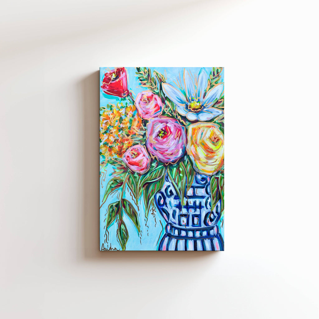 Ginger Jar Floral Canvas Print - Blue and White Flower Bouquet Art Painting