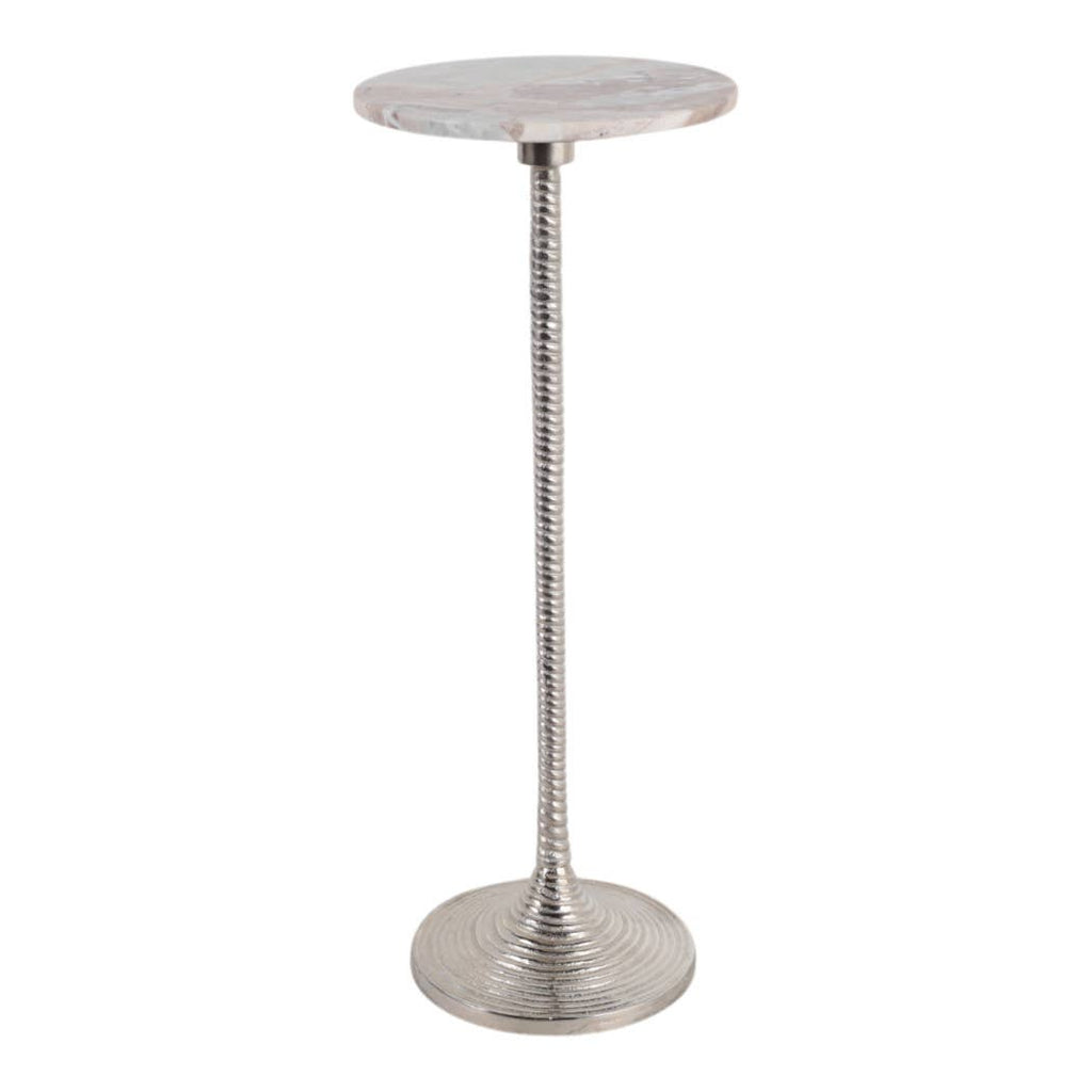 Drink Table - Brown Marble Top Pedestal Metal Base, 26 in.