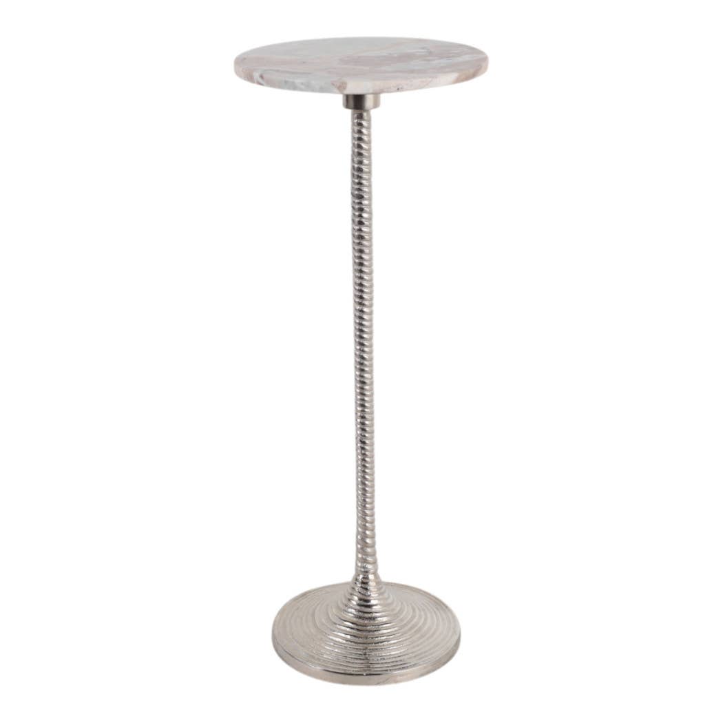 Drink Table - Brown Marble Top Pedestal Metal Base, 26 in.