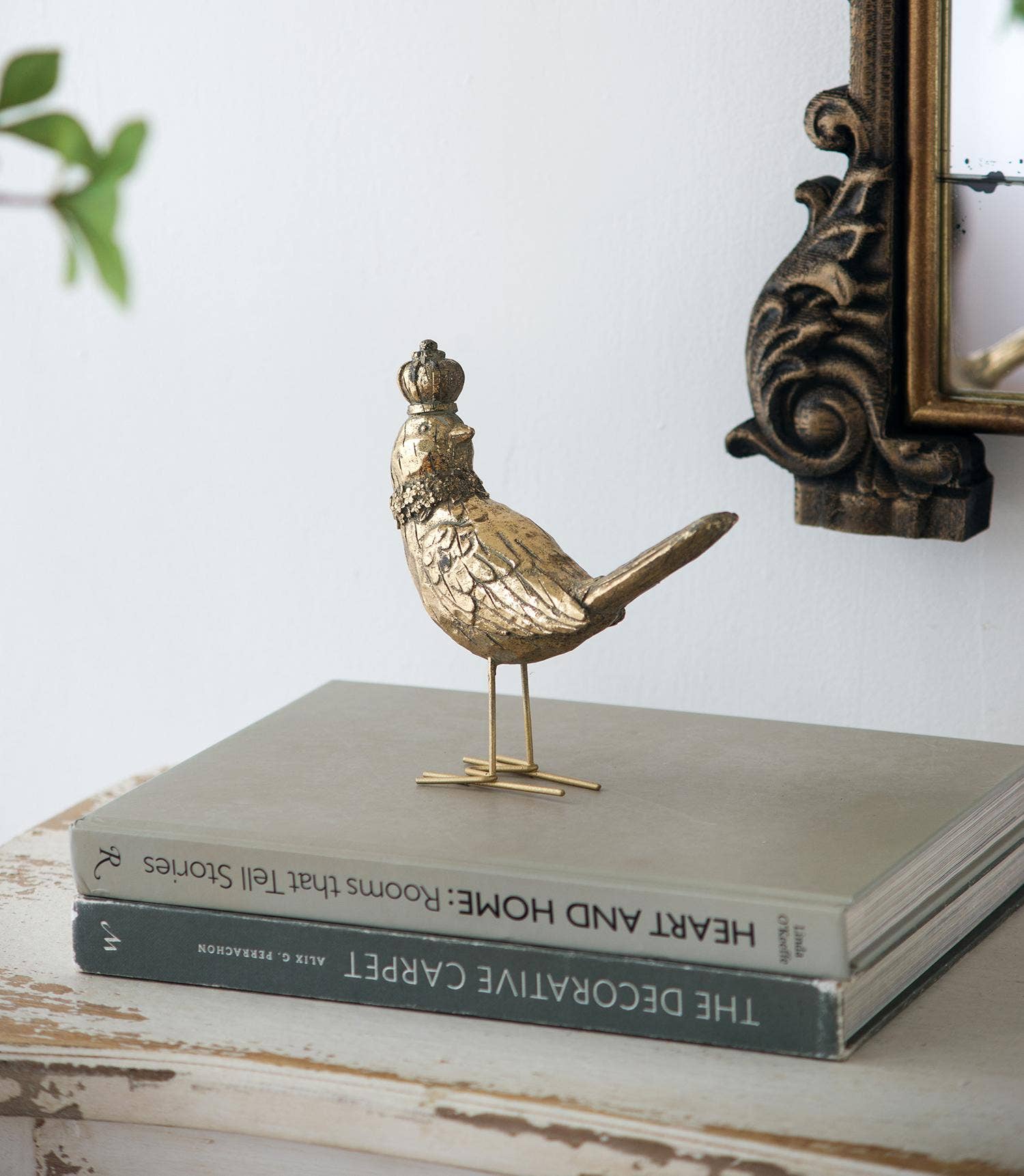 6x2x7" Set of 2 Polyresin Bird Accents w/ Crown - Gold