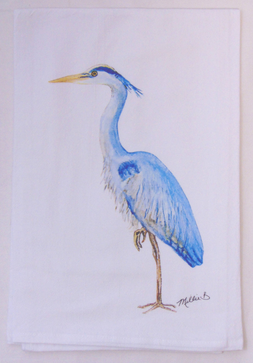Limited Edition Tall Blue Heron on White Flour Sack Towel