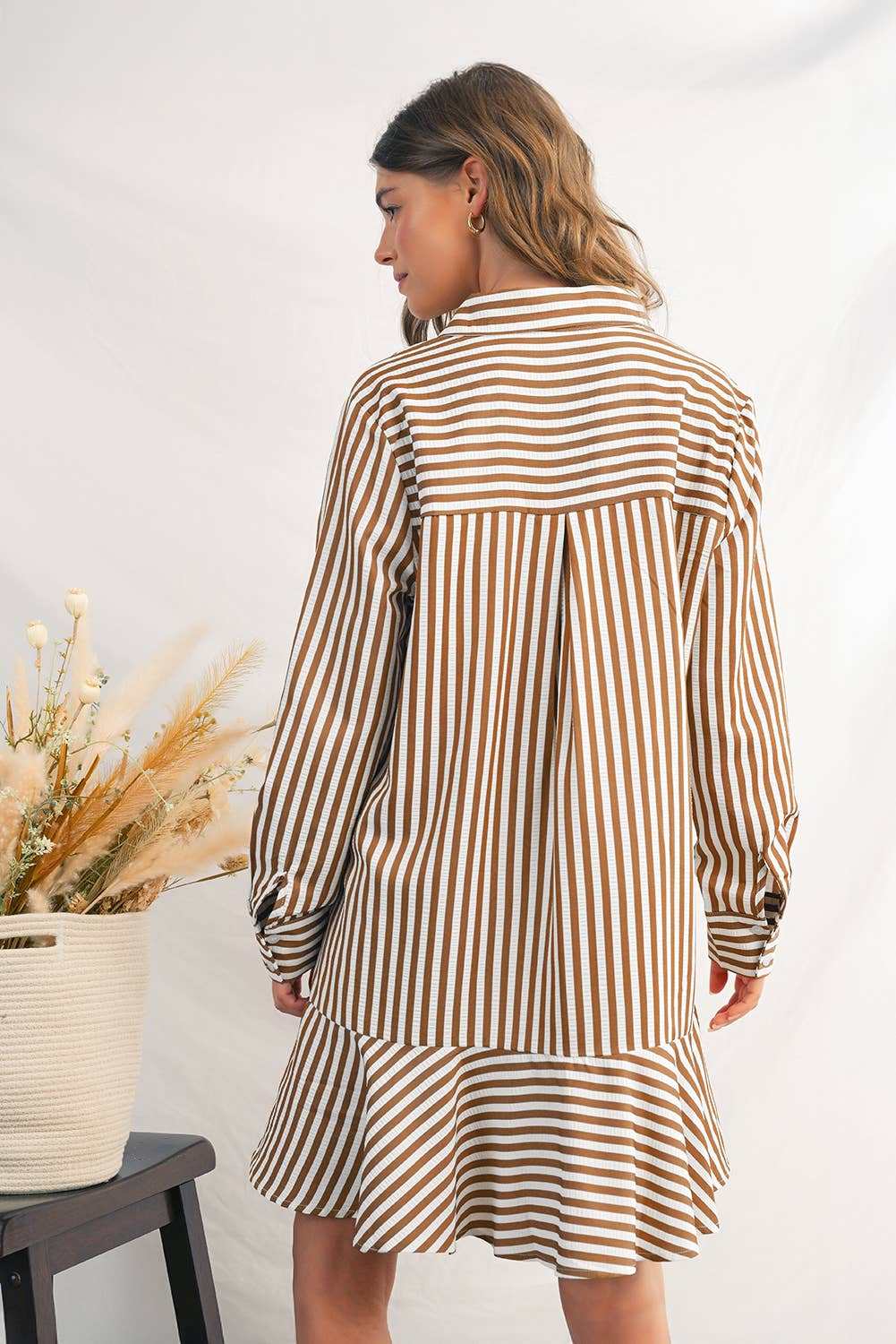Stripe Ruffled Collared Long Sleeve Shirt Mini Dress | S-L