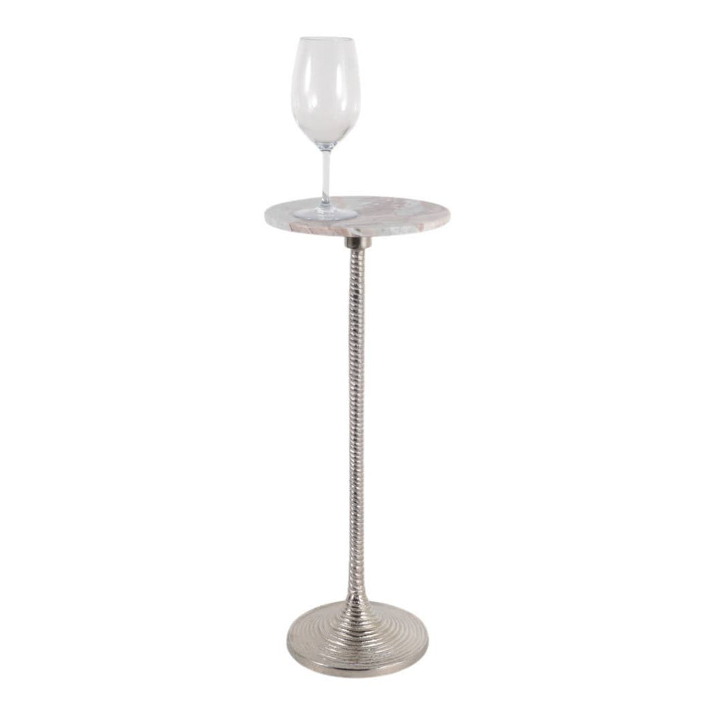 Drink Table - Brown Marble Top Pedestal Metal Base, 26 in.