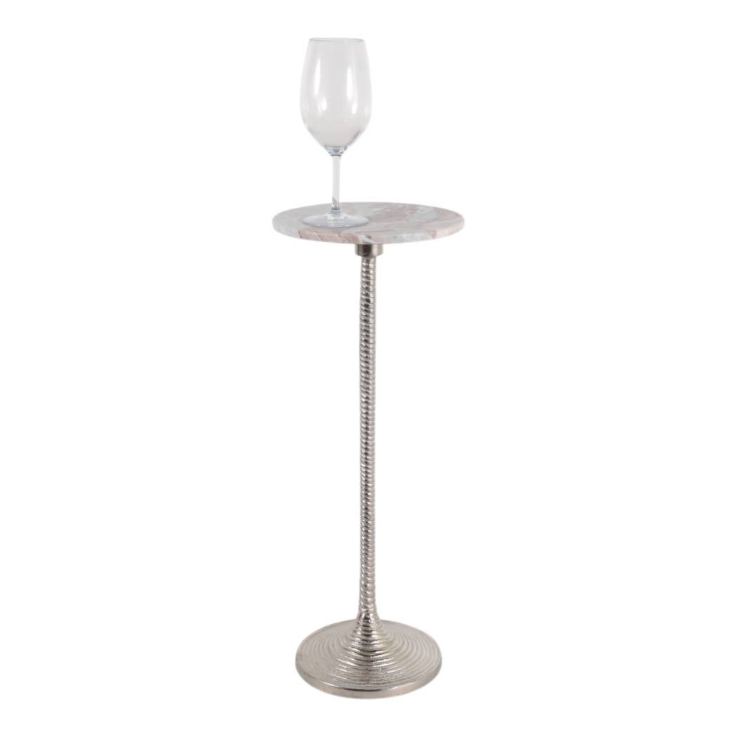 Drink Table - Brown Marble Top Pedestal Metal Base, 26 in.