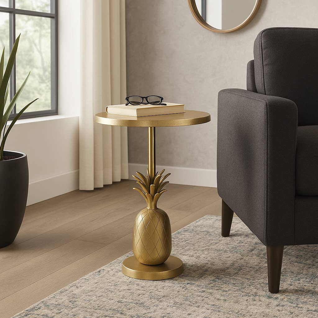 Gold 15x24 in. Metal Round Top Pineapple Side Table