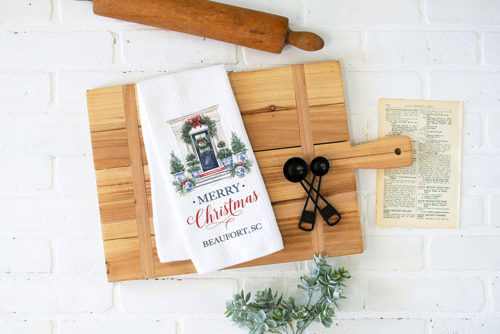 Chinoiserie Christmas Tree Towel, Blue Holiday Kitchen Decor