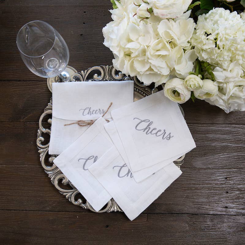 Cheers Embroidered Linen Cocktail Napkins | Set of 4