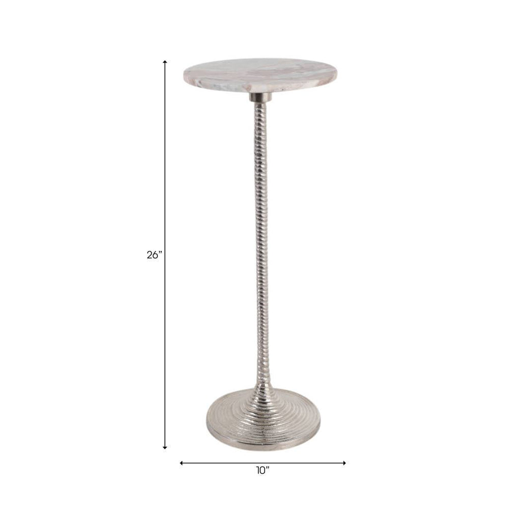 Drink Table - Brown Marble Top Pedestal Metal Base, 26 in.