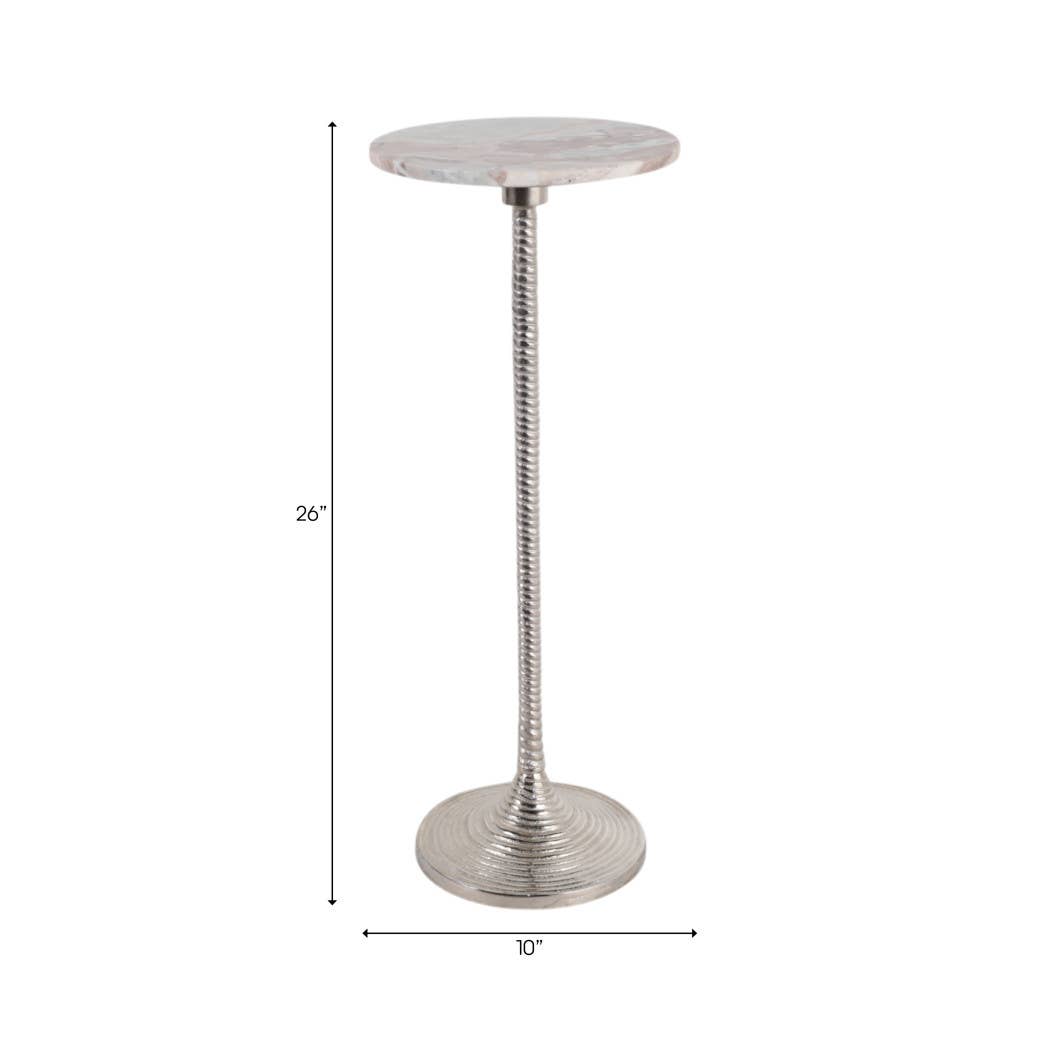 Drink Table - Brown Marble Top Pedestal Metal Base, 26 in.