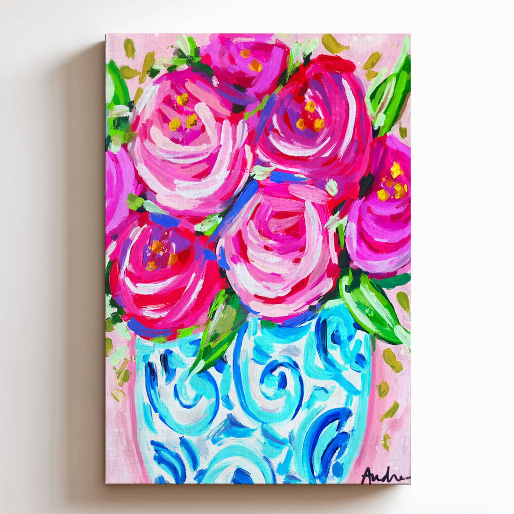 Roses Ginger Jar Vase Floral Canvas Print - Floral Bouquet Art Painting