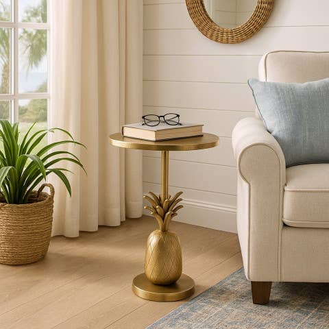 Gold 15x24 in. Metal Round Top Pineapple Side Table