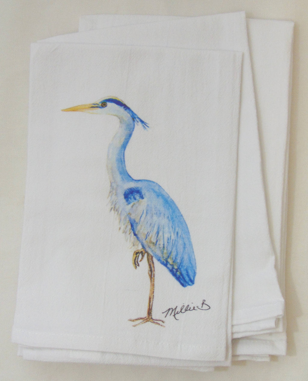 Limited Edition Tall Blue Heron on White Flour Sack Towel