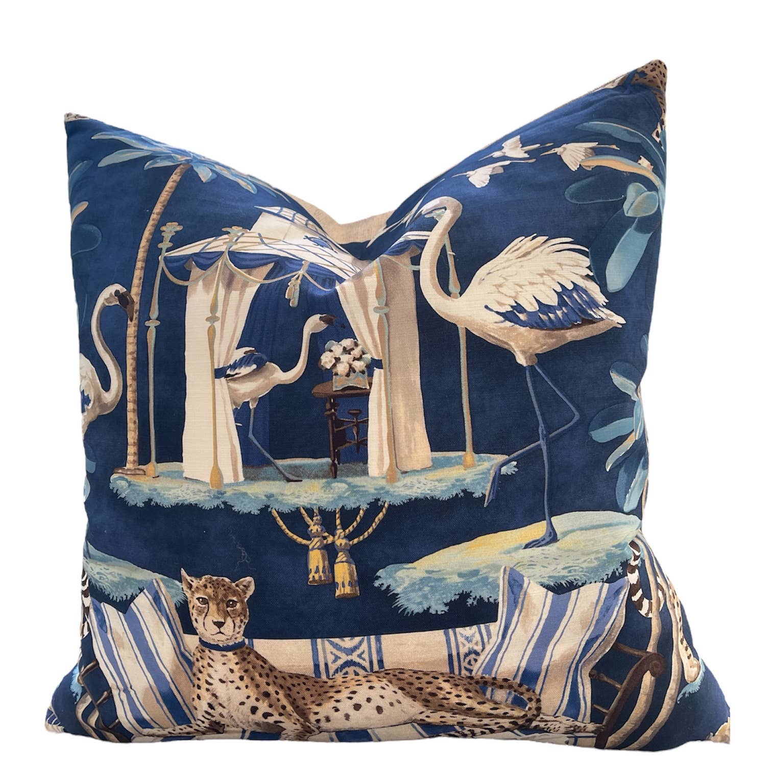 Navy Chinoiserie Throw Pillow with Feather Insert        