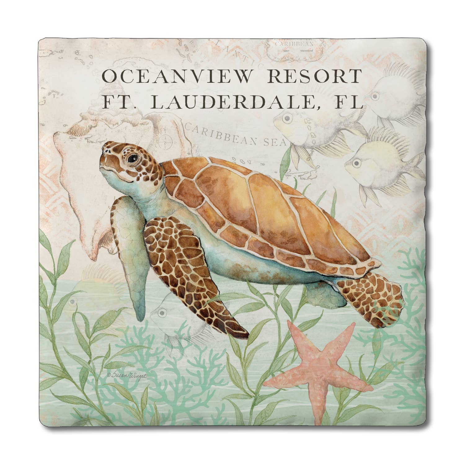 Name Drop Single Tumbled Tile Coaster-Caribbean Seas Turtle