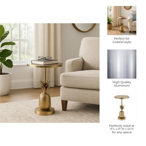 Gold 15x24 in. Metal Round Top Pineapple Side Table