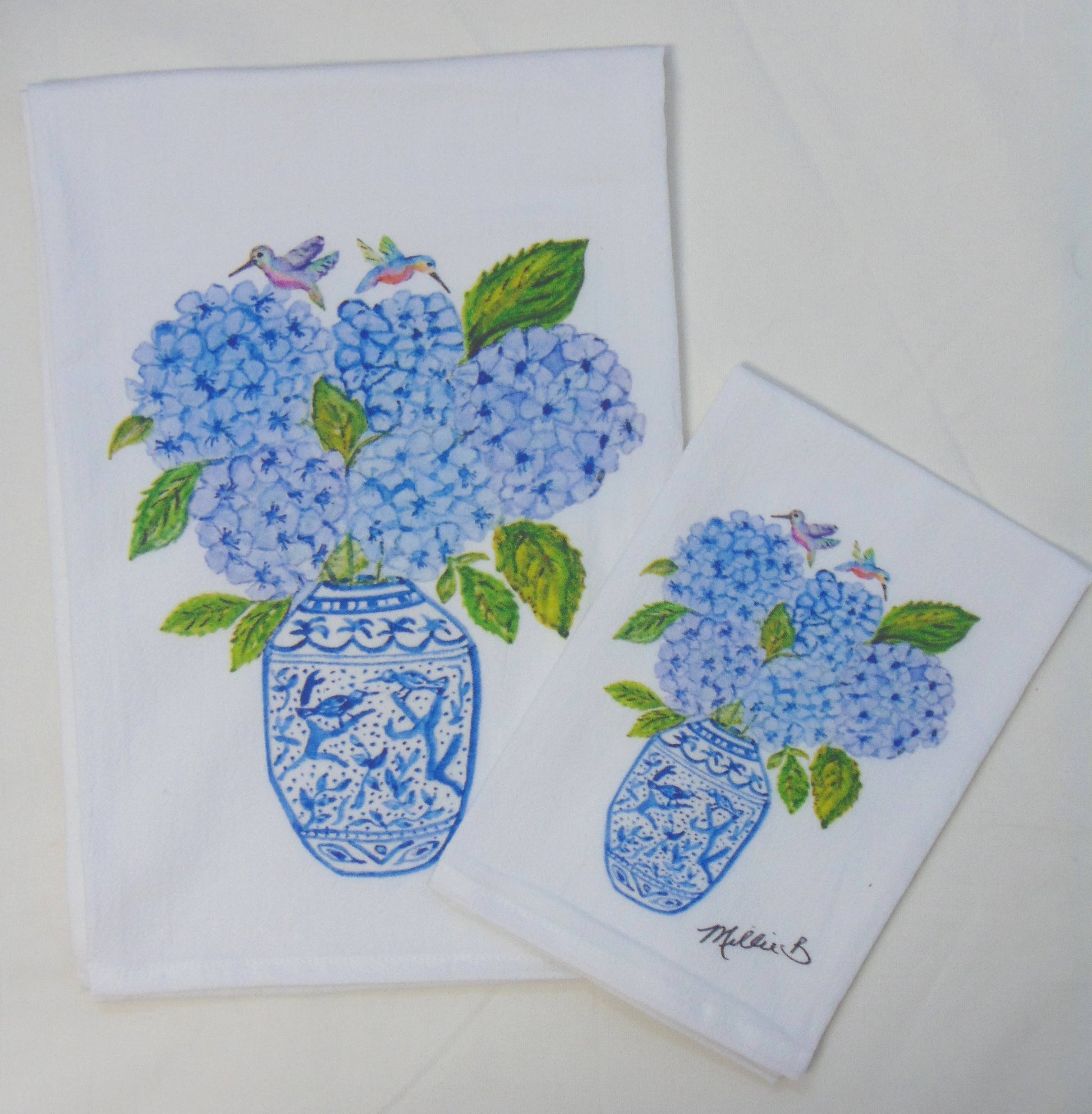 Limited Edition Hydrangea Hummingbird White Flour Sack Towel