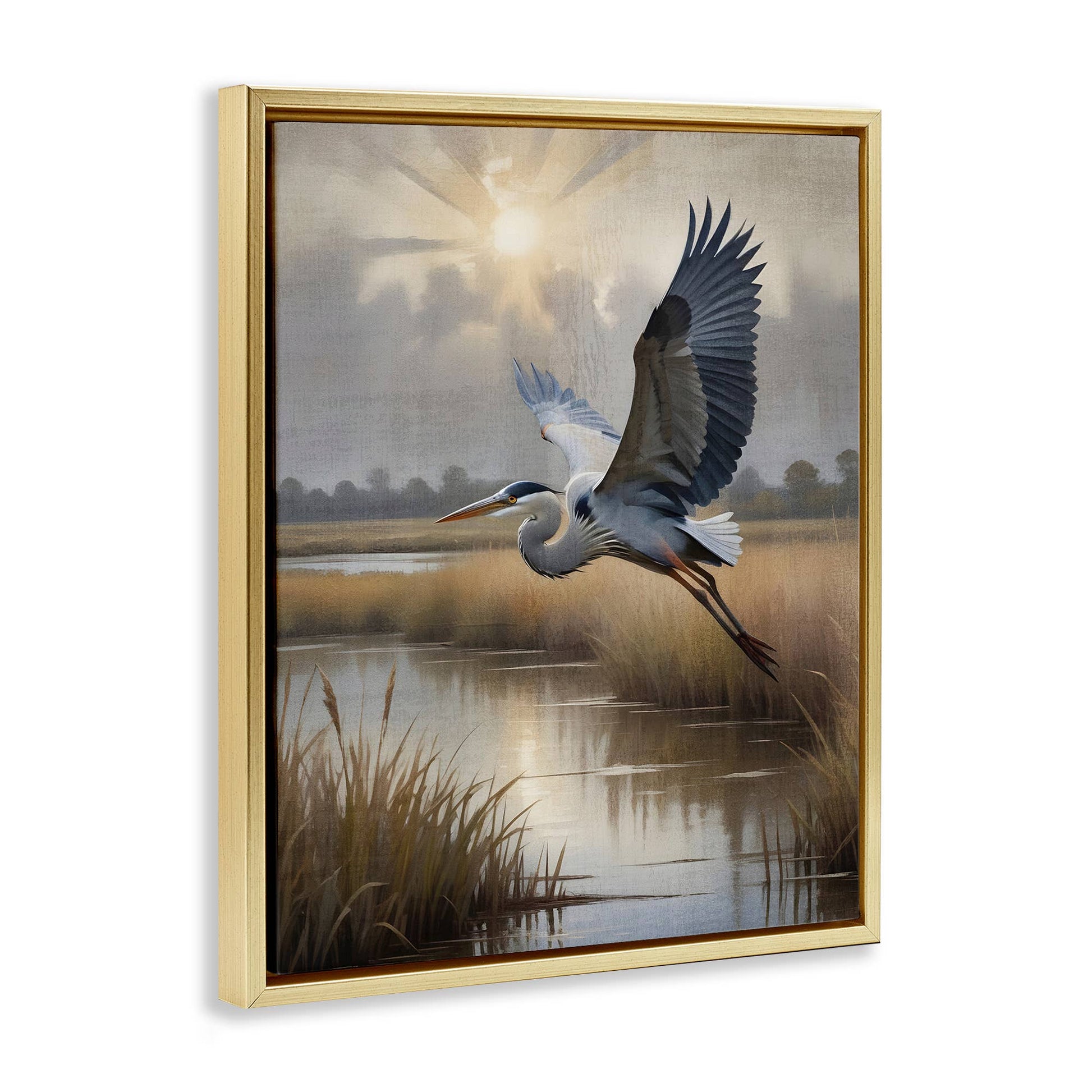 Heron Flight over Wetlands - Framed Wall Art