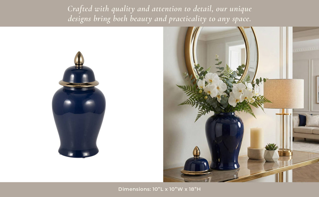 Ceramic Classic Decorative Temple Jar - Navy/Gold, 18 in.